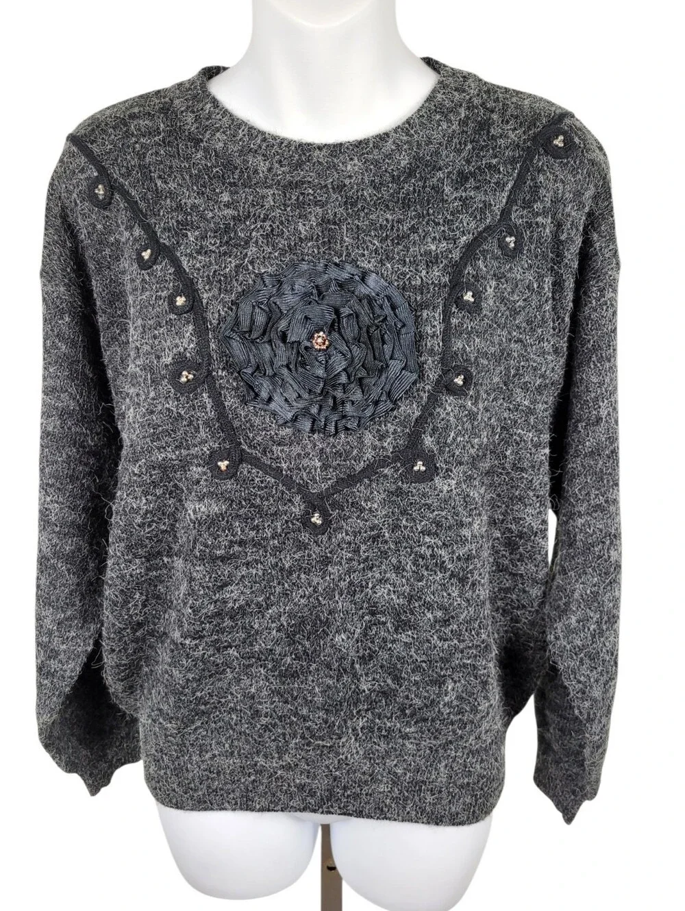 Vintage Marella Grey & Black Flower Sweater Top Size: Large - Picture 2 of 10